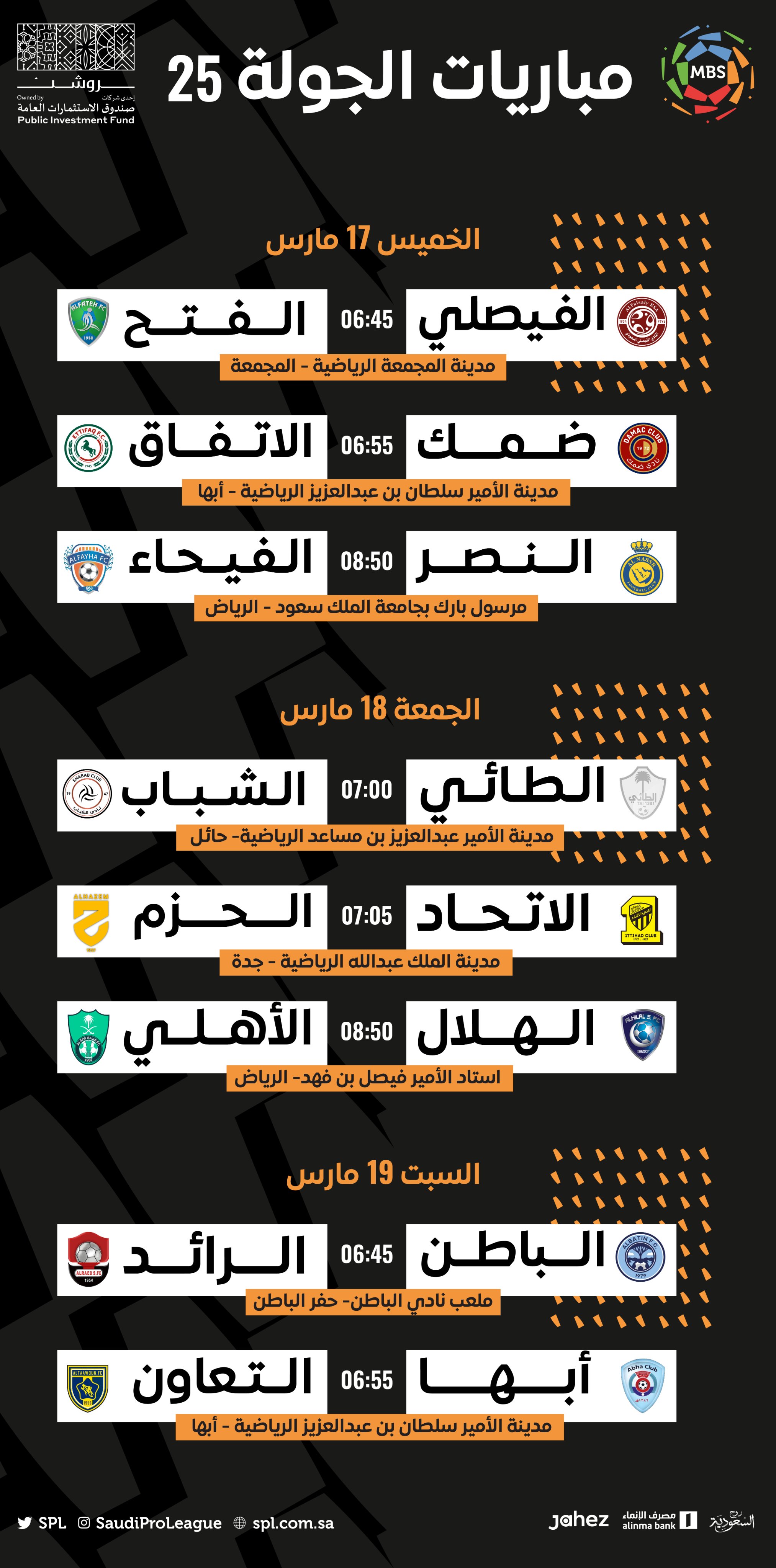 <div class="paragraphs"><p>مواعيد مباريات الجولة الـ25 بدوري المحترفين السعودي.</p><p></p></div>